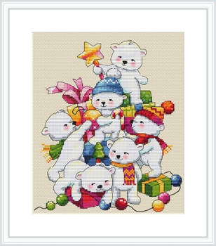 MK55 Christmas Bears  7.8"x6.7"; Aida, Ecru; 16 Count Merejka Cross Stitch Kit