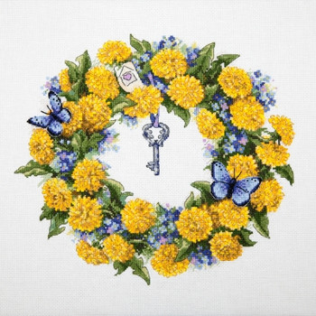 MK97 Dandellion Wreath 10.2"X11.8"; Aida, White; 16 Count Merejka Cross Stitch Kit