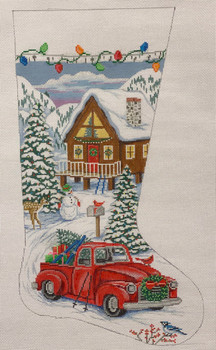 4280 RED TRUCK & SKI LODGE STOCKING 11 X 20  13 Mesh Alice Peterson Designs