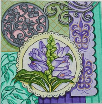 R936 Purple flower w/ green and patchwork background 12 x 12 18 Mesh Robbyn's Nest Designs