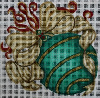R293 Green and gold ornament w/ gold and red bow 6.5 x 6.5 	18 Mesh Robbyn's Nest Designs