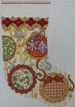 R652 Stocking W/ Ornaments and Glittery Lace 10 x 15	18 Mesh Robbyn's Nest Designs