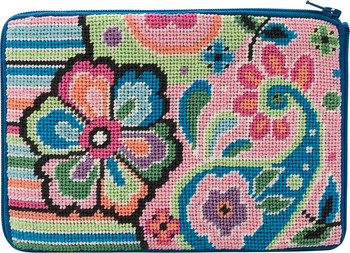 SZ632 Pastel Floral on Stripes Alice Peterson Stitch And Zip NEEDLEPOINT PURSE 