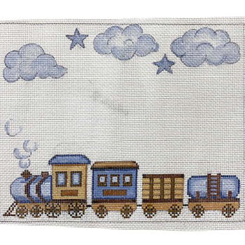 AP3827!  BLUE AND BROWN TRAIN BIRTH ANNOUNCEMENT 10 x 8 13 Mesh Alice Peterson Designs