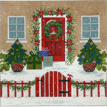 AP4334! HOLIDAY HOUSE WITH RED FENCE 9 x 9 13 Mesh Alice Peterson!