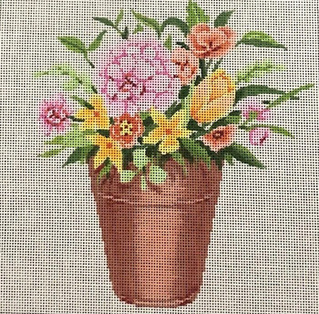 ASIT466 Pink/Yelow Flowers in Pot 7 X 7 18 Mesh A Stitch In Time