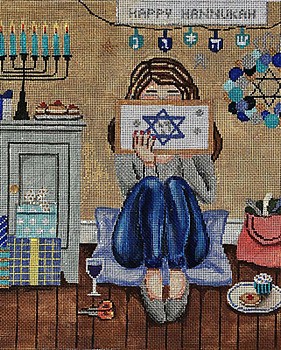 GEP347 HANUKKAH STITCHING GIRL  11 x 11 18 Mesh Gayla Elliott 