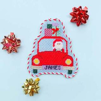 Santa in Car 18 mesh With Stitch Guide and Lettering Chart Stitch Style