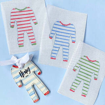 Christmas Pajamas Green Canvas Only 18 mesh With Stitch Guide and lettering and monogram charts to personalize the piece Susan Brown from "For Pete's Sake Pottery Stitch Style