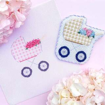 Baby Carriage Pink gingham Left Side Includes a free stitch guide 18 mesh Stitch Style