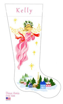 CHS1036 SL1036 Pink Angel Above Village Stocking 18" x 8" 13 Mesh Deux Amis