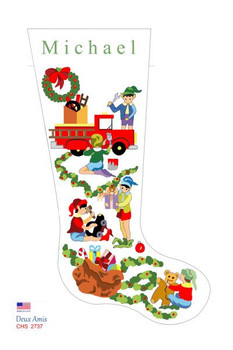 CHS2737 SL2737 Elves And Fire Engine/Toys Stocking 18" x 8"13 Mesh Deux Amis