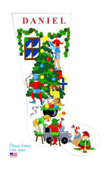 CHS5004 Elves Decorating Tree Stocking 23" x 10" 18 Mesh Deux Amis