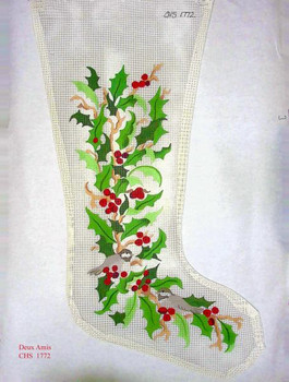 CHS1772 Snowbirds And Holly Stocking 23" x 10" 18 Mesh Deux Amis