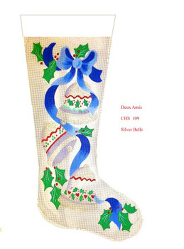 CHS109 Silver Bells And Ribbon Stocking 23" x 10" 18 Mesh Deux Amis