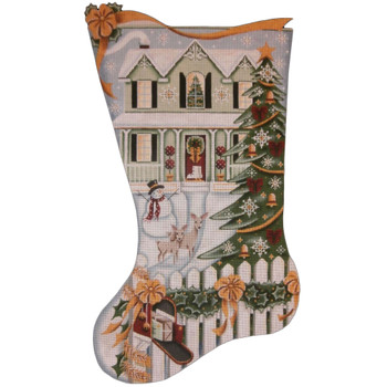 1392b Christmas Day Green House Stocking 11" x 19 18 Mesh Rebecca Wood Designs!