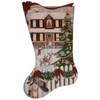 1392a Christmas Day Red House Stocking 11" x 19 18 Mesh Rebecca Wood Designs!