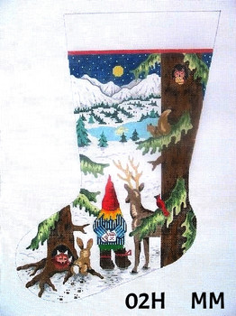Stocking 02H Boy Gnome w/Forest Animals/ Night Snow Scene - 13" x 19' 13 Mesh MM Designs 