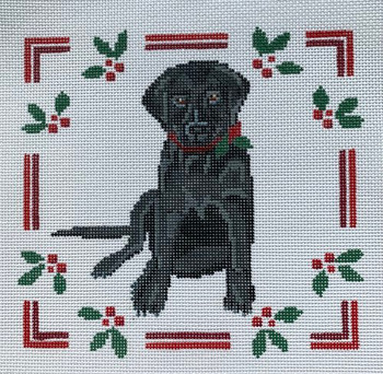 P9-BL Black Lab Puppy w/ Holly 8"x8" 13 Mesh Blue Ridge Stitchery