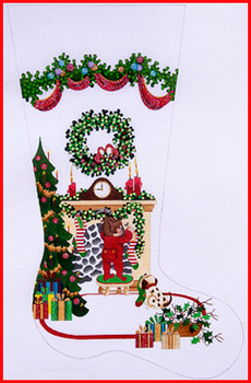 CS-231HG Boy hanging stocking on fireplace w/tree & heavy garland 18 Mesh 23" TALL Strictly Christmas!