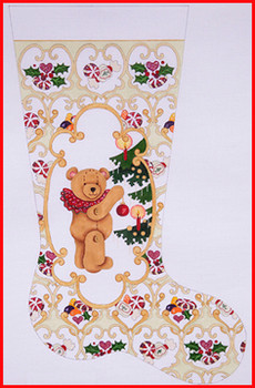 CS-323 Bear w/ornament in gold cartouche - pale green fabric w/candy 18 Mesh 23" TALL Strictly Christmas