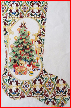 CS-315 Decorated tree w/gold cartouche burgundy & gold fabric 18 Mesh Stocking - 23' Tall Strictly Christmas !