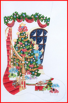 CS-389 Staircase w/decorated tree & boy at window 18 Mesh Stocking 23'Tall Strictly Christmas !