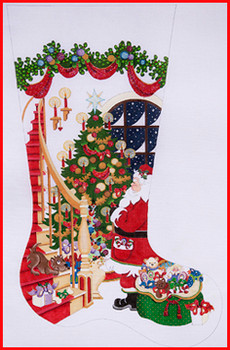 CS-390 Santa bag of toys admiring tree dog heavy garland w/swags 18 Mesh Stocking  23'Tall Strictly Christmas!