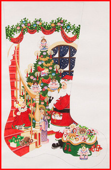CS-392 Santa - girl on staircase -heavy garland w/swags 18 Mesh Stocking  23'Tall Strictly Christmas!