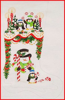 CS-507 Snowman w/candy cane w/deep cuff w/penguins & candies 18 Mesh Stocking  23" Tall Strictly Christmas!