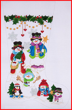 CS-521 Five snowmen w/penguins on roller 18 Mesh Stocking  23' Tall Strictly Christmas!