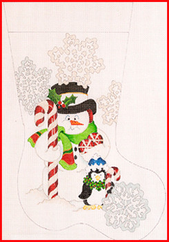 CS-1126 Snowman w/candy cane & penguin; snowflake background 18 Mesh Stocking MID-SIZE 18" tall Strictly Christmas!