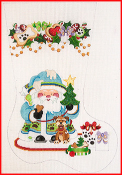 CS-1148 Santa holding tree w/dog on leash 18 Mesh Stocking MID-SIZE 18" tall Strictly Christmas!