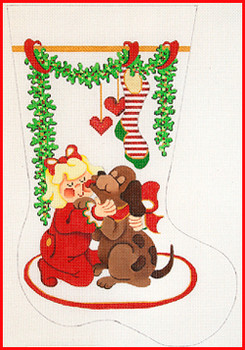 CS-1137 Girl hugging dog w/big red bow;  garland w/large red striped stocking  18 Mesh Stocking MID-SIZE 18" tall Strictly Christmas!