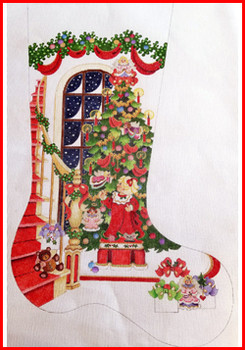 CS-1202 Girl on staircase w/window tree 18 Mesh Stocking MID-SIZE 18" tall Strictly Christmas!