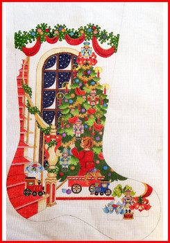CS-1203 Staircase & tree & boy w/wagon 18 Mesh Stocking MID-SIZE 18" tall Strictly Christmas!