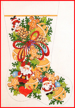 CS-1183 Santas, gingerbread cookies, pinecones & jingle bells 18 Mesh Stocking MID-SIZE 18" tall Strictly Christmas!