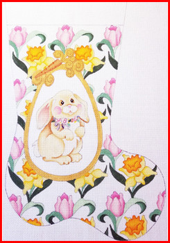 ES-332 Tulips & daffodils pattern w/bunny in cartouche 18 Mesh EASTER STOCKING MID-SIZE 18" tall Strictly Christmas!