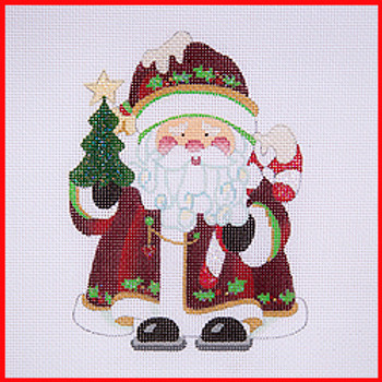 COSA-02 Tree & candy cane - burgundy coat w/holly 5 1/2" to 6" tall 18 Mesh SQUATTY SANTA Strictly Christmas