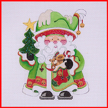 COSA-24 Tree & stocking - lime green coat w/red band w/jingle bells5 1/2" to 6" tall 18 Mesh SQUATTY SANTA Strictly Christmas