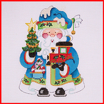 COSA-71 Tree & train engine - blue coat 5 1/2" to 6" tall 18 Mesh SQUATTY SANTA Strictly Christmas