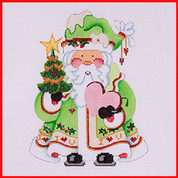COSA-79 Tree & heart - lime green coat with I Love You on band - Valentine Santa5 1/2" to 6" tall 18 Mesh SQUATTY SANTA Strictly Christmas