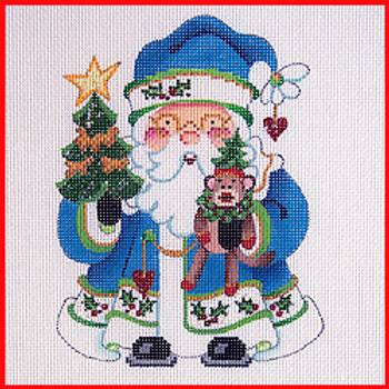 COSA-82 Tree & holding a sock monkey - blue coat - Sock Monkey Santa 5 1/2" to 6" tall 18 Mesh SQUATTY SANTA Strictly Christmas