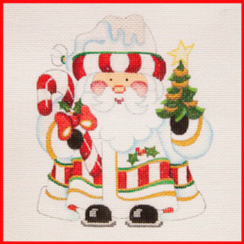 COSA-69P Tree & candy cane - white coat w/red & white band on coat & hat 5 1/2" to 6" tall 18 Mesh SQUATTY SANTA Strictly Christmas