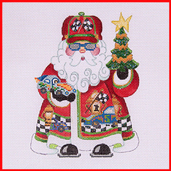 COSA-46 Tree & race car - red coat w/cars & trophies 6" to 7 1/2" tall 18 Mesh SQUATTY SANTA Strictly Christmas