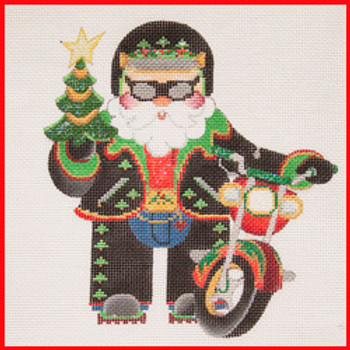 COSA-47 Tree & motorcycle - black leather w/helmet & goggles - Motorcycle Santa 6" to 7 1/2" tall 18 Mesh SQUATTY SANTA Strictly Christmas