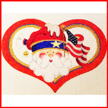 COSH-03 Santa w/American flag on red heart 5 1/2" x 4" 18 Mesh Strictly Christmas