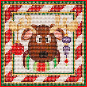 COSQ-03 Reindeer ornaments candy cane border 3 1/2" x 3 1/2" 18 Mesh NIGHT BEFORE CHRISTMAS SQUARE Strictly Christmas