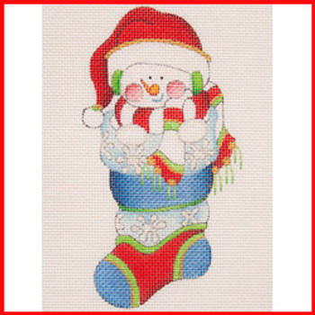 COMS-03 Snowman w/Santa hat and snowflakes 3 1/2" X 2 1/2" 18 Mesh MINI STOCKING Strictly Christmas