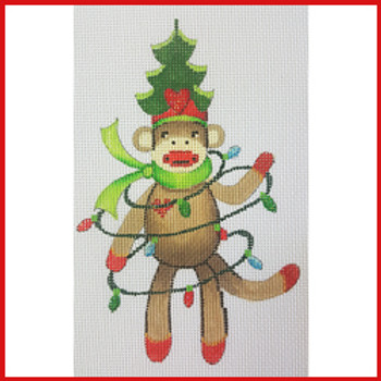 COSK-01 Sock Monkey w/tree on head & lights around him 5 1/2" x 3 1/2"  18 Mesh Strictly Christmas